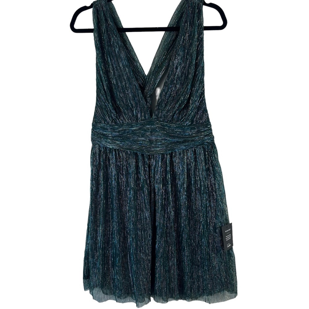 NWT LULUS Sz L Women Ailey Metallic Gold Teal Twist Back Skater Dress L 17D1756 - Picture 2 of 16